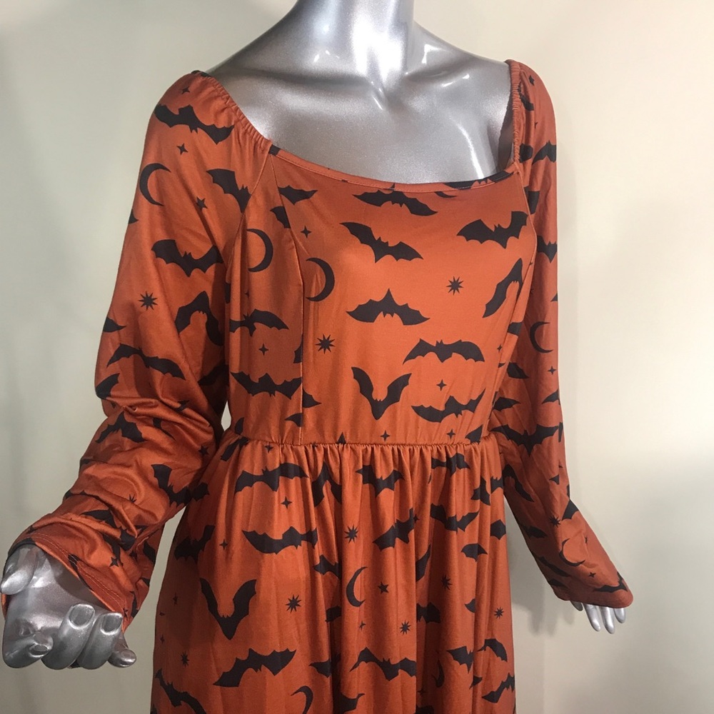 Bloom Chic Women’s 14/16 Large Orange Bat Print Pocket Square Neck Dress New! - Picture 4 of 16